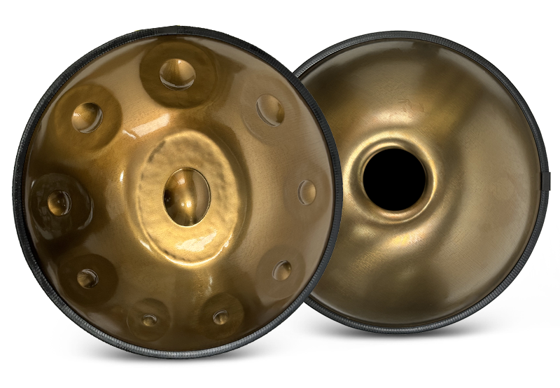Dreemelody Essential 10-note handpan in nitrided stainless steel, top and bottom view, 53 cm (21 in)