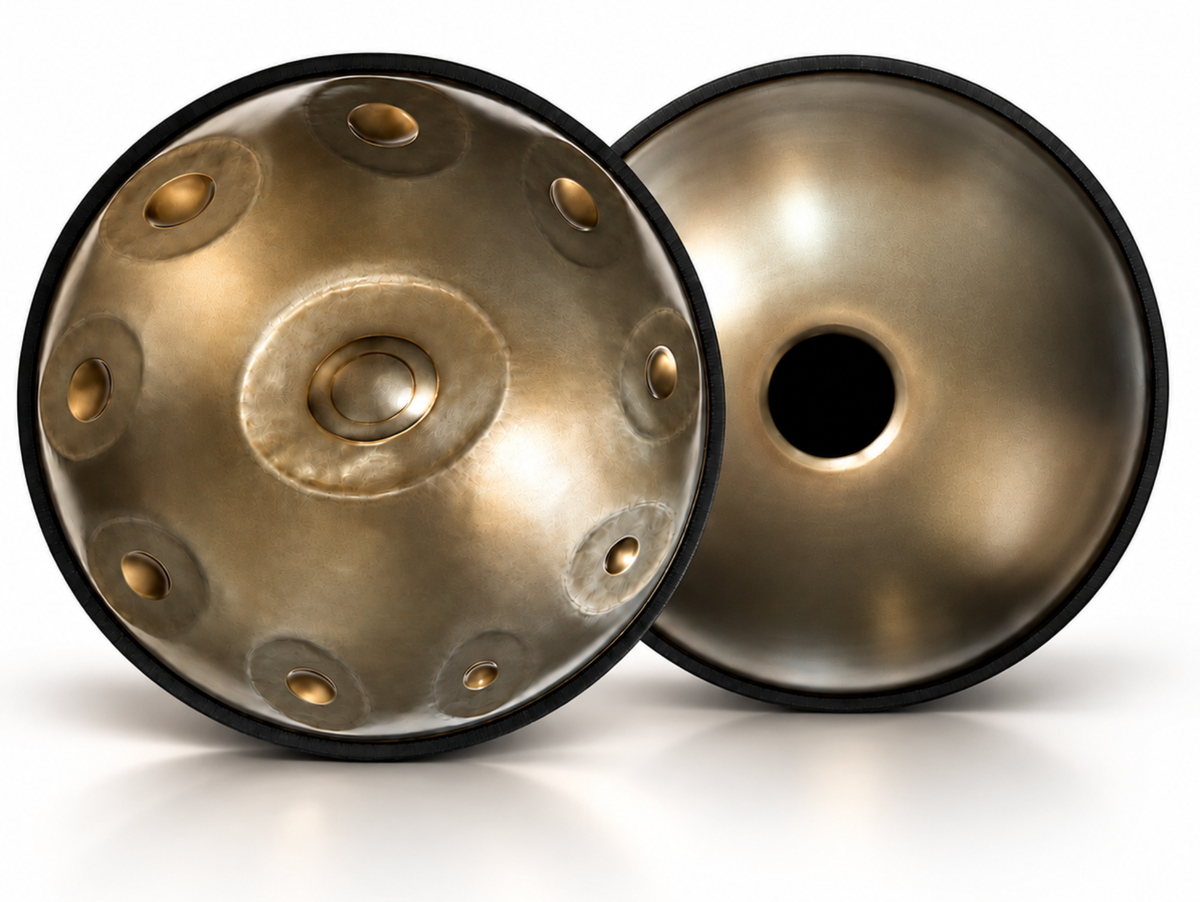 Dreemelody Signature 10-note handpan in Ember Steel, top and bottom view, 53 cm (21 in)