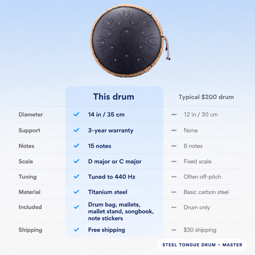 14-Inch Steel Tongue Drum, 15 Notes — Titanium Steel, D Major