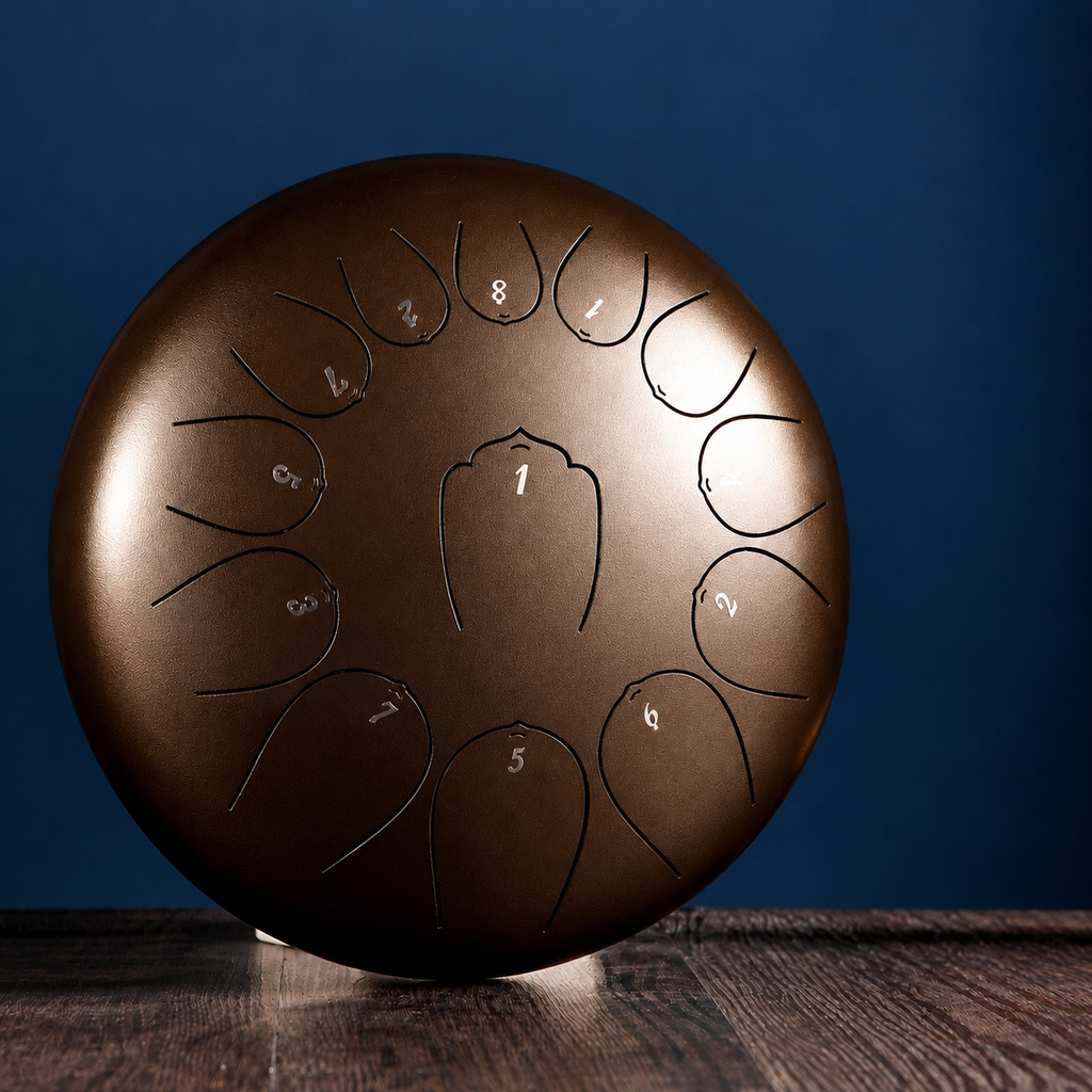 12-inch steel tongue drum, played with mallets